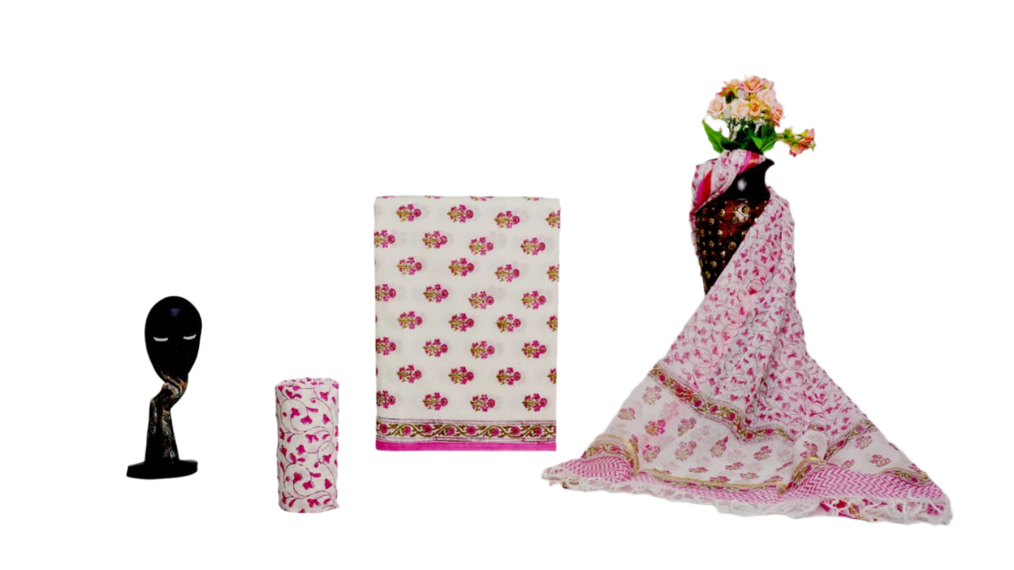Hand Block Printed Pure Cotton Suit with Kota Doria Dupatta - Posh and Pretty by Nav
