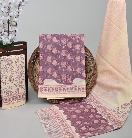 Hand Block Printed Pure Cotton Suit with Cotton Mulmul Dupatta