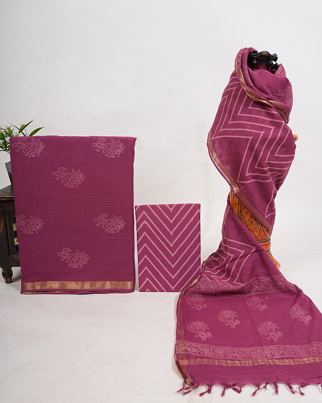 Hand Block Printed South Cotton Suit with South Cotton Dupatta - Posh and Pretty by Nav