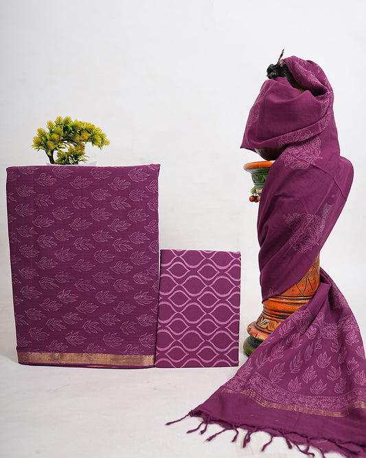 Hand Block Printed South Cotton Suit with South Cotton Dupatta