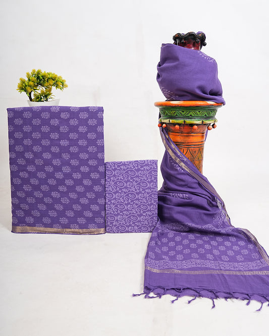 Hand Block Printed South Cotton Suit with South Cotton Dupatta