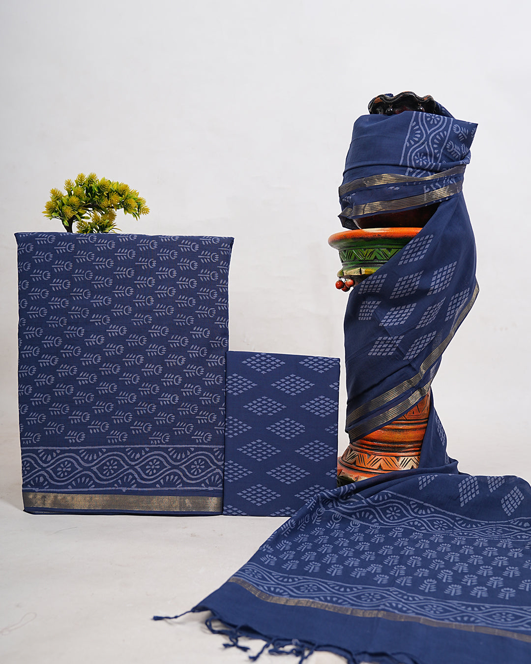Hand Block Printed South Cotton Suit with South Cotton Dupatta