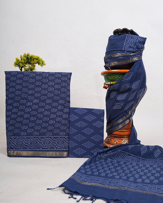 Hand Block Printed South Cotton Suit with South Cotton Dupatta
