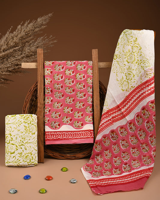 Hand Block Printed Pure Cotton Suit with Cotton Mulmul Dupatta (Peach)