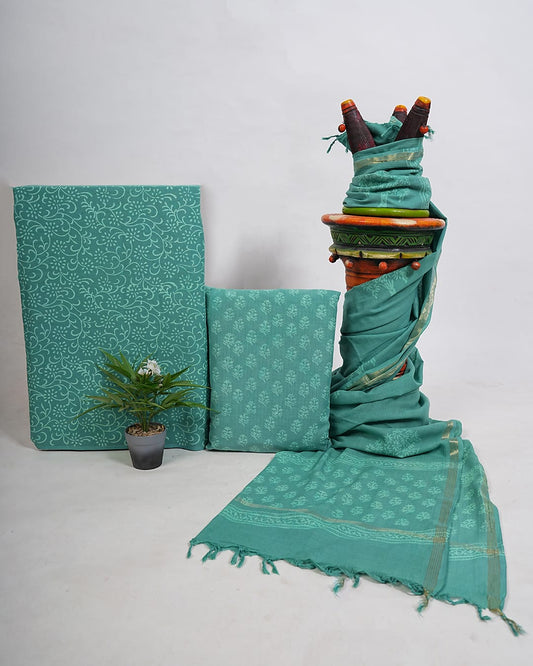 Hand Block Printed South Cotton Suit with South Cotton Dupatta